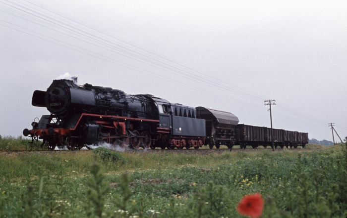 50 0064 mit Nahgüterzug bei Hornstorf, 17.06.1977