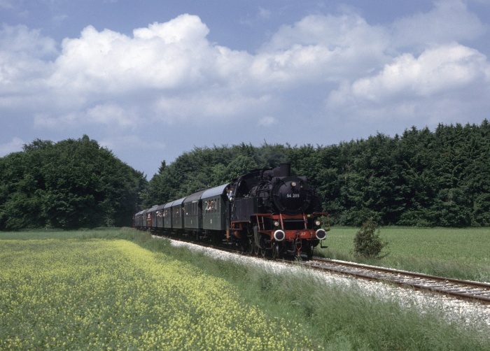 64 289 mit Sonderzug nach Gerstetten zwischen Gussenstadt und Gerstetten an dem Wald “Kickethau”, um 11:42h am 16.06.1996