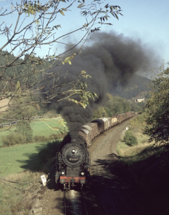 95 0009 Güterzug Richtung Probstzella bei Unterloquitz, am 12.10.1976
