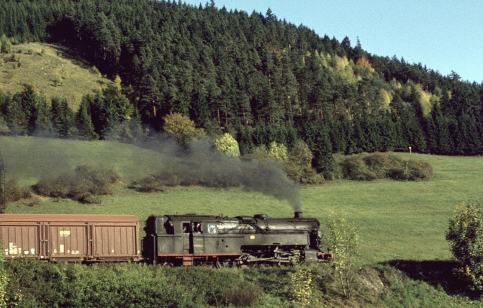 95 0009 Güterzug Richtung Probstzella bei Marktgölitz, am 12.10.1976