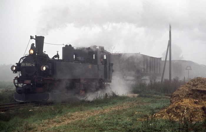 99 1562 mit Güterzug bei Schweta, am 13.10.1976