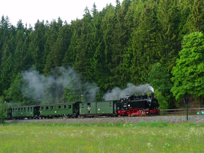 99 1715 mit Zug 29 Halt und Abfahrt Haltepunkt Forellenhof (vor Schmalzgrube), um 18:15h am 07.06.2014