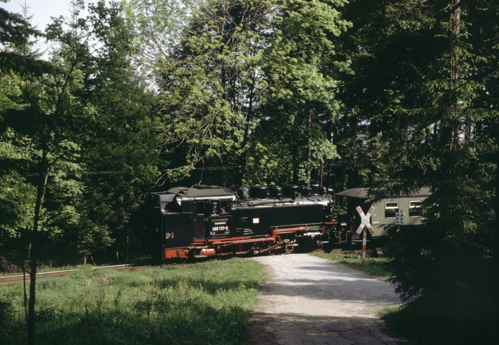 099 737 (99 772) Tv mit Zug N 14306 abwärts mitten im Wald obwerhalb von Vierenstraße (am Fünfenbach-Tal), um 9:31h am 29.05.1992
