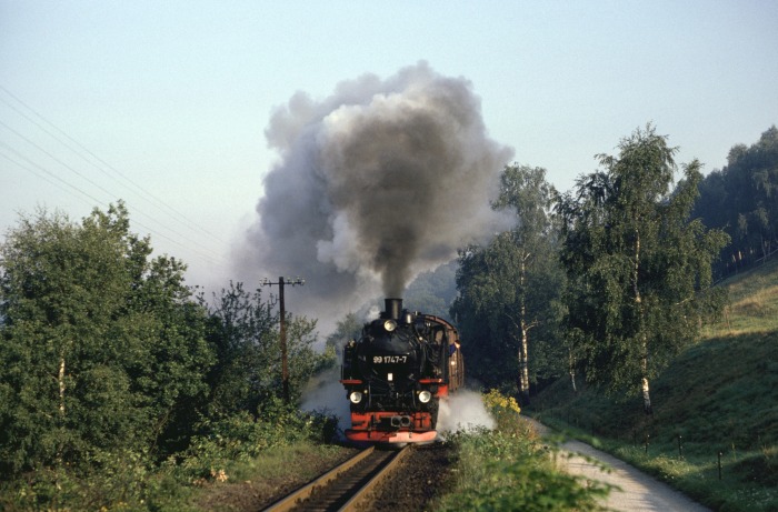99 1747 mit Güterzug Bergfahrt hinter Seifersdorf, am 08.09.1989