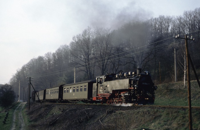 99 1734 mit P 14273 hinter Ausfahrt Seifersdorf, am 23.03.1990