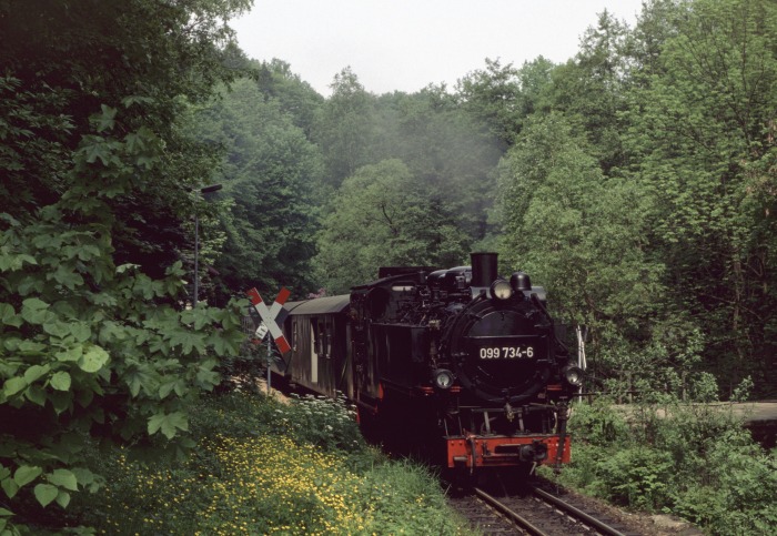 099 734 (99 761) mit RB 7571 in Hp Spechtritz, am 27.05.1995