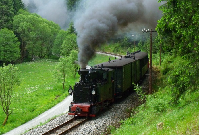 No 54 mit Zug 43 auf der Preßnitztalbahn, im Tal hinter Schmalzgrube, um 11:00h am 28.05.2012