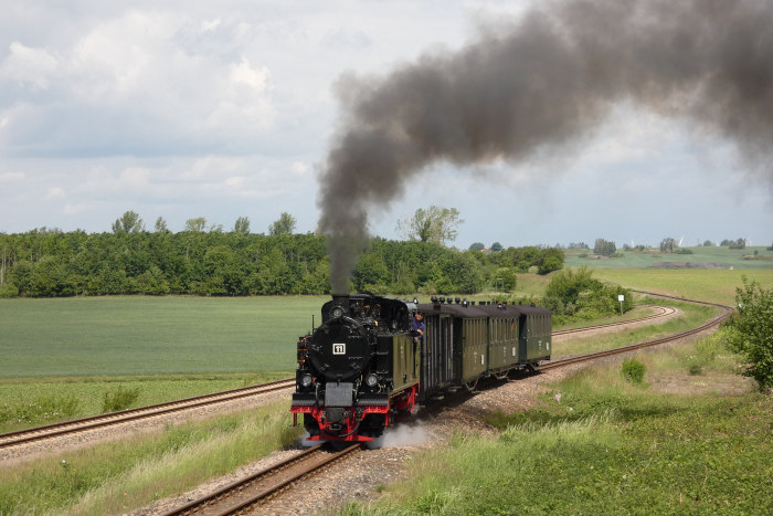 Lok 11  mit Infozug zurück Richtung Benndorf, weit vor Siersleben, in der kurzen Steigung nahe der Niewandtschachthalde neben der Hauptbahn, um 12:27h am 26.05.2022