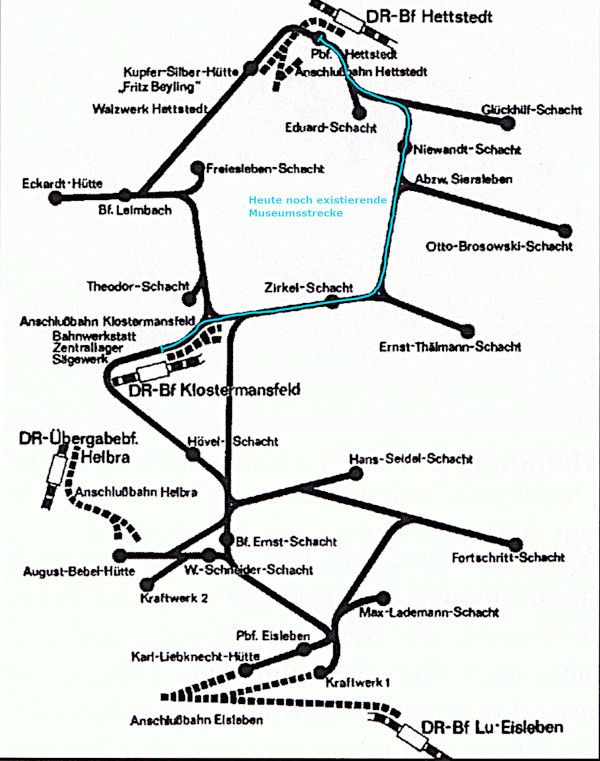Skizze zum ehemaligen Streckennetz der Mansfelder Bergwerksbahn