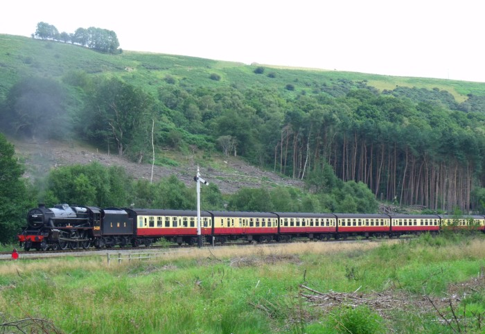 5248 nun aber vorwärts mit Zug von Pickering nach Whitby, nördlich der Ausfahrt von Levisham das Newton Dale hinauf, um 14:26h am 04.08.2019