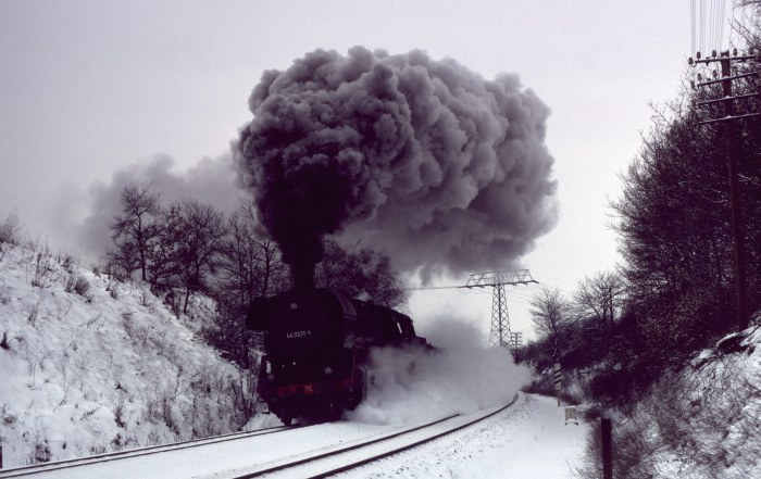 44 0231 Erzzug Richtung U-Born im Einschnitt hinter Saalfeld, am 10.01.1981