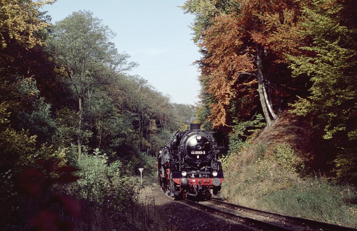 44 0093 mit kurzem Sonderzug Richtung Meiningen, abwärts bei Marksuhl, um 14:40h am 30.10.1999