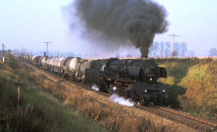 50 00?? mit Güterzug bei Angermünde, im Oktober 1977