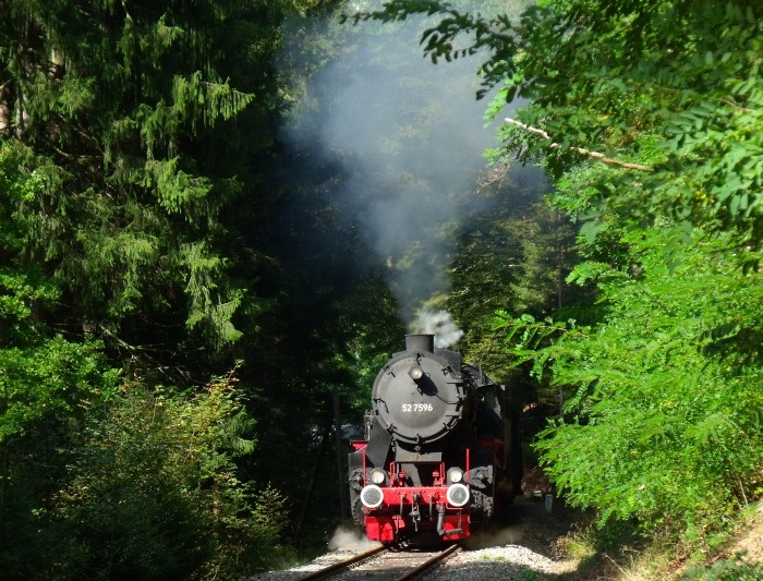52 7596 mit Zug Schorndorf-Welzheim im Wald oberhalb von Laufenmühle bei km 17,7, um 13:29h am 28.09.2014