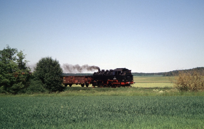 64 419 Tv mit Sonder-Güterzug nach Crailsheim, hinter Rot am See, um 14:30h am 28.05.2005
