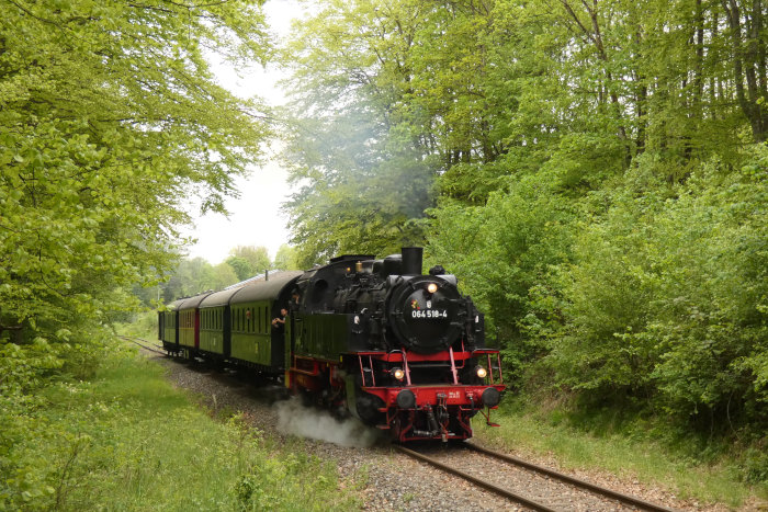 64 518 mit Zug Amstetten→Gerstetten im  Wald am mittleren Benzwang, aufgenommen etwa 20m gleich hinter dem Lokschuppen im Depot, wo... zu dieser Zeit darin die defekte 75 1118 erspäht werden konnte..., um 12:41h am 09.05.2024