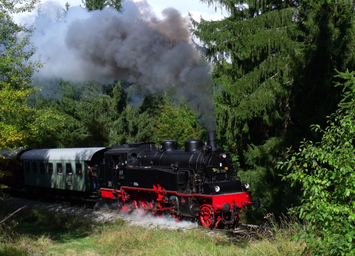 75 1118 mit mittäglichen Zug Amstetten→Gerstetten, in der Steigung im Amstettener Wald am „Benzwang“, um 12:45h am 09.10.2016
