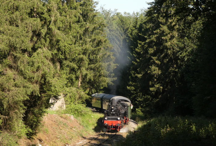 75 1118 mit morgendlichem Zug Amstetten→Gerstetten, in der Steigung im Amstettener Wald am „Benzwang“, um 9:58h am 19.07.2020
