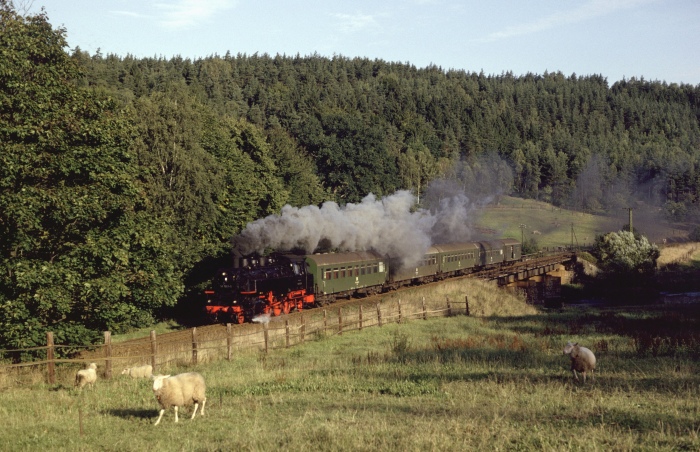 86 501 Sonderzug bei Neumühle (Elstertal), am 22.09.1990