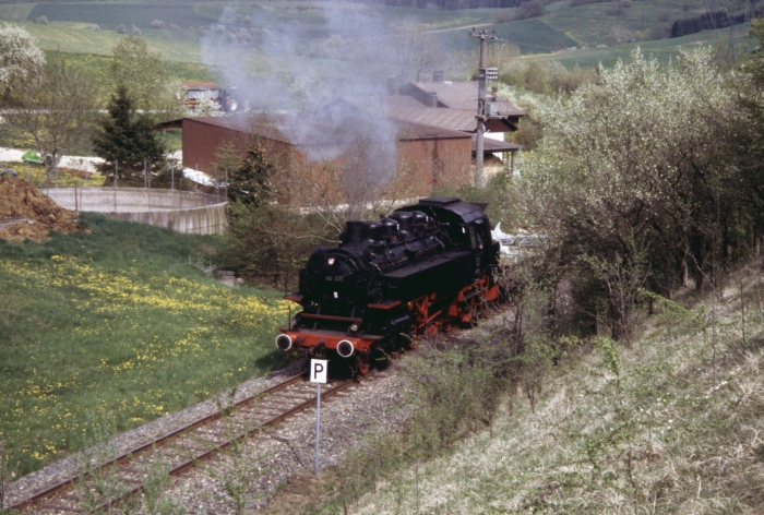 86 333 mit Foto-Sonder-Güterzug oberhalb Fützen, am 01.05.2004