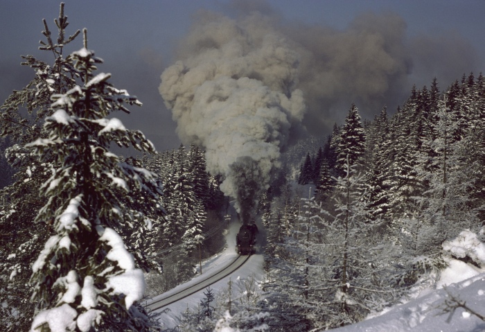 95 0024 mit schwerem Güterzug im Finstern Grund, am 20.01.1979
