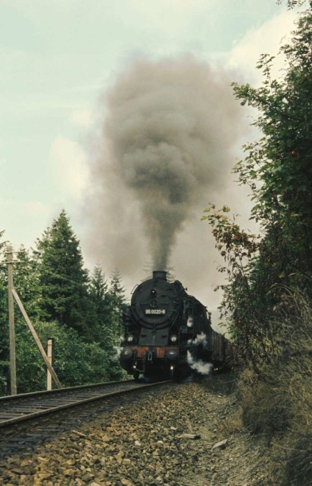 95 0020 mit Nahtüerzug Richtung Ernstthal vor Schmiedefeld, im September 1980