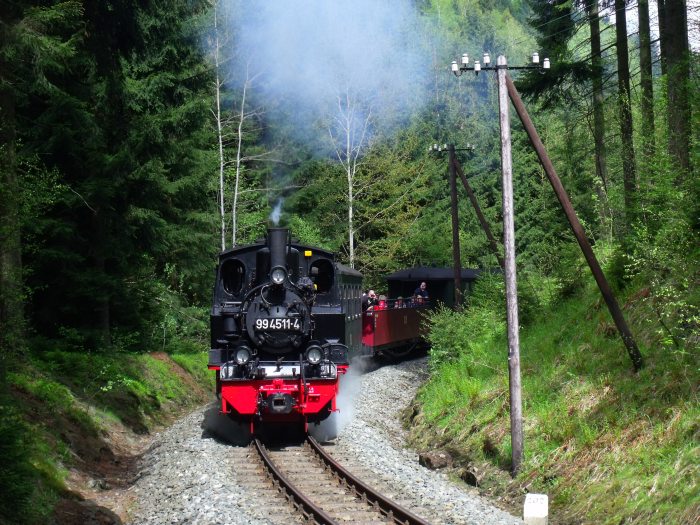 99 4511 mit Zug Nr.51 in der Kurve im Schwarzwassertal zwischen Schmalzgrube und Schlössel bei Strecken -Kilometer 20,2, um 15:01h am 18.05.2013