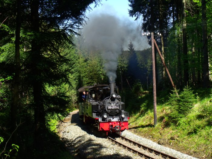 99 4511 mit Zug Nr.53 in der Kurve im Schwarzwassertal zwischen Schmalzgrube und Schlössel bei Strecken -Kilometer 20,2, um 16:02h am 19.05.2013