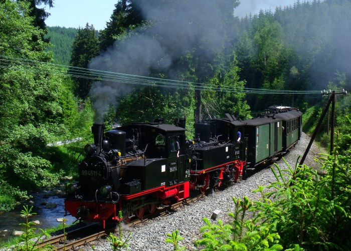 99 4511 + 99 1542 mit Zug 11 in der großen Kurve am Schwarzwasser-Fluß, vor dem Haltepunkt Loreleifelsen, um 11:33h am 08.06.2014