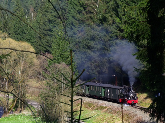 99 4511 mit Zug Nr.17, aufgenommen vom Waldhang in der großen weiten Kurve im Schwarzwassertal, weit oberhalb von Schmalzgrube, um 17:29h am 30.04.2017