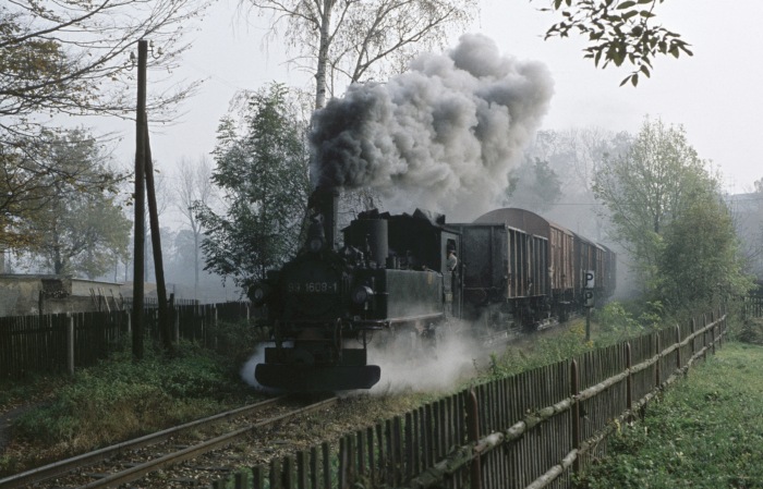 99 1562 mit Güterzug nach Kemmlitz Ortsdurchfahrt Mügeln, am 25.10.1977