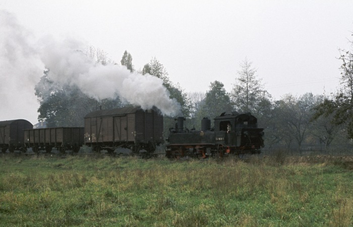99 1608 Tv mit Güterzug Kemmlitz->Mügeln, am 25.10.1977