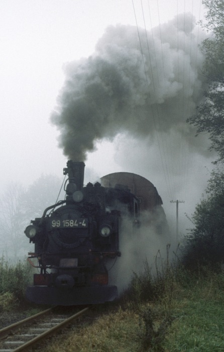 99 1584 mit Güterzug ->Mügeln bei Thalheim, am 26.10.1977