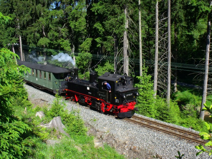 99 1542 Tv mit abwärts fahrendem Zug Nr.20 unterhalb des Haltepunktes Loreleifelsen an dem kleinen Wanderpfad- Bahnübergang, um 9:14h am 07.06.2014