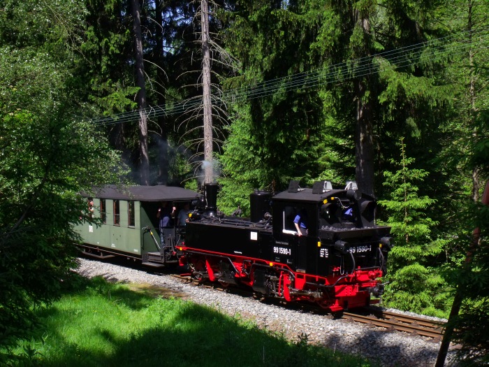 99 1590 Tv mit abwärts fahrendem Zug Nr.22 unterhalb des Haltepunktes Loreleifelsen direkt auf dem kleinen Wanderpfad- Bahnübergang, um 11:17h am 08.06.2014