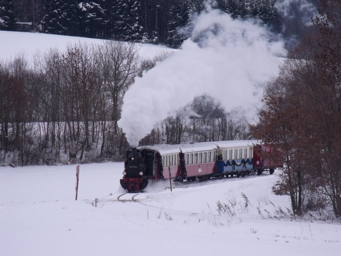 99 7203 mit dem Nikolauszug Nr.6 fährt an den Bahnübergang am oberen Duital heran, wo der Nikolaus-Spezialhalt stattfindet, um 11:49h am 05.12.2010