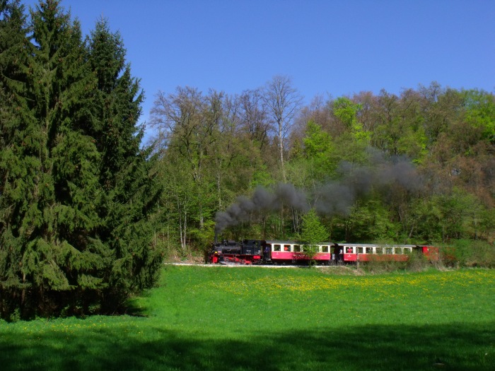99 7203 kommt mit ihrem Zug von Amstetten nach Oppingen bergauf gefahren, fotografiert im unteren Teil des Duitals, am 01.05.2012 um 10:06h