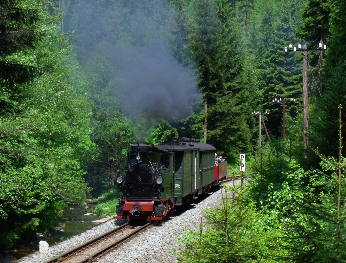 No 54 mit Zug 47 auf der Preßnitztalbahn, an der Schwarzwasser im Tal zwischen Schmalzgrube und Schlössel kurz vor der berühmten Naturstein- Stützmauer, um 13:00h am 28.05.2012