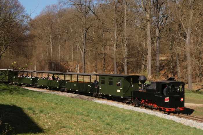 99&nbsp;3315&nbsp;Tv mit dem ersten Zug von Weißwasser nach Bad Muskau abwärts fahren, in der Kurve am Waldweg-Bahnübergang am Waldrand oberhalb von Bad Muskau, um 10:14h am 05.04.2026