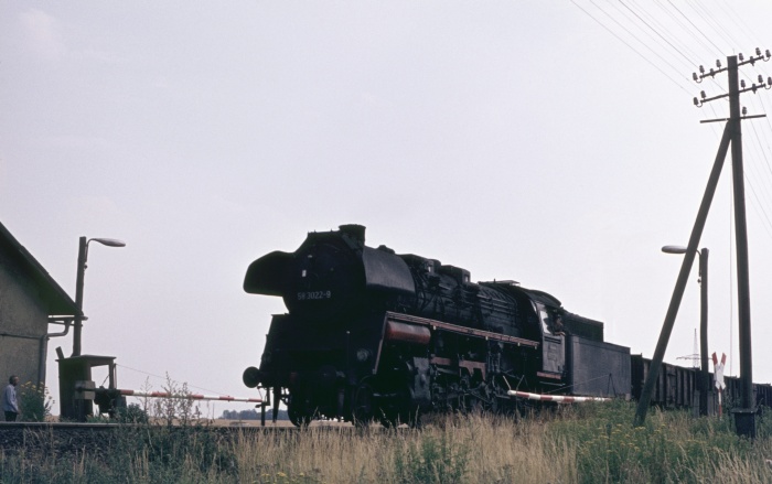 58 3022 mit Güterzug aus Richtung Döbeln, vor Riesa, am 15.07.1976