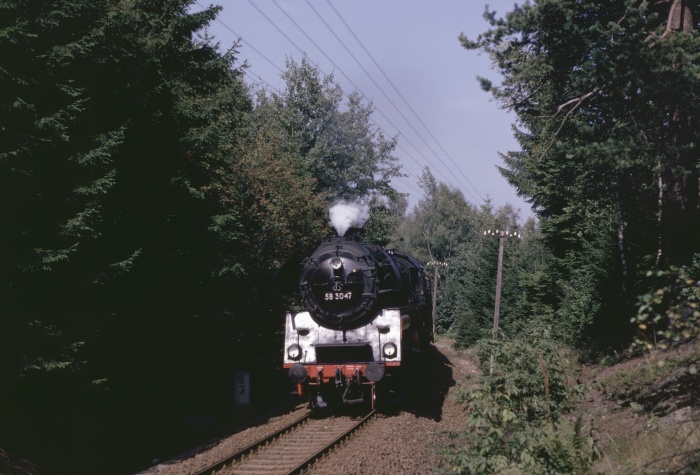 58 3047 mit Sonderzug aus Zwickau kommend im Wald vor Grünbach, am 09.09.1989