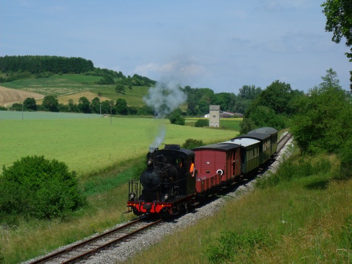 WN 12 mit Zug P 1 Neresheim→Sägmühle am Egautal nahe der Dischinger Landstraße, um 11:22h am 19.06.2014