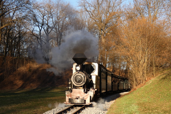 Lok&nbsp;HILAX mit letztem Zug des Tages Bad Muskau&rarr;Weißwasser, fotografiert (und akustisch aufgenommen...) am Bahnübergang hinter den Kurven oberhalb von Bad Muskau, um 18:17h am 06.04.2026