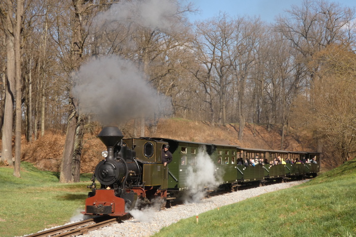 HILAX&nbsp; mit Zug Bad Muskau&rarr;Weißwasser, fotografiert (und akustisch natürlich ebenfalls aufgenommen) am oft erwähnten Hang mit der Obstbaumwiese,am Waldrand oberhalb von Muskau, um 15:22h am 06.04.2026