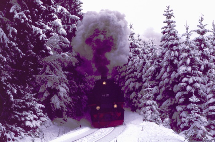 99 222 mit Zug 8933 im Schneesturm vor Schierke, am 27.12.1999