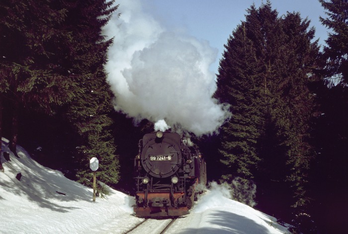 99 7241 mit P 14407 im Wald vor Drei Annen, am 14.03.1987