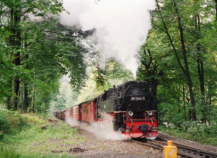 99 7244 mit Zug 8933 Ausfahrt Steinerne Renne, am 01.10.1995