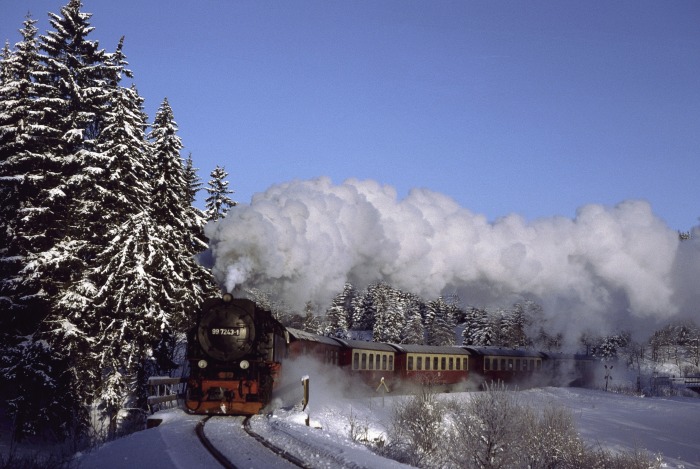 99 7243 mit Zug 8901 vorm Haltepunkt Sorge, am 31.01.1993