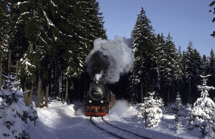 99 247 mit Zug 8907 im Wald hinter Sorge, am 31.01.1993