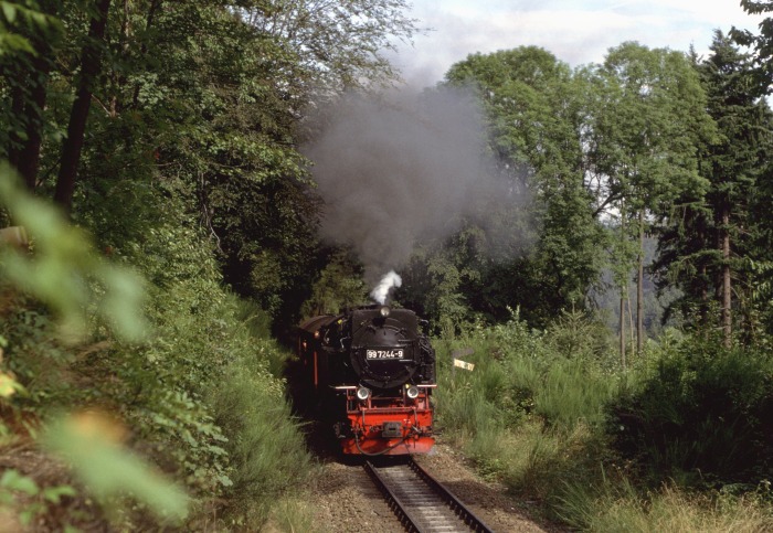 99 7244 mit Zug 8941 am Drängetal kurz vorm Thumkuhlental, um 14:57h am 07.09.1995